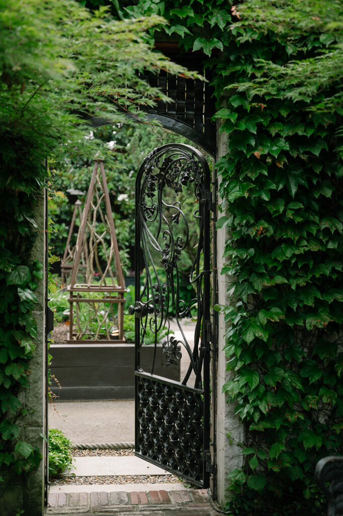 Courtyard view at The Apiary in Lexington KY, featuring ivy-covered brick walls. 