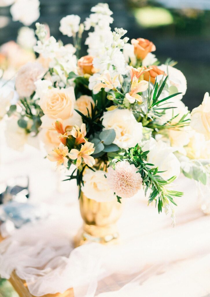 Beautiful vase of flowers for wedding at outdoor wedding venue in Lexington KY. 