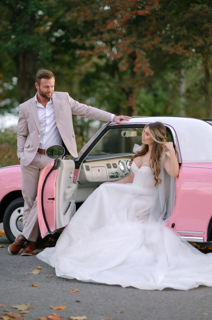 bride and groom in a car at Saxony Farm, Lexington KY wedding venue
