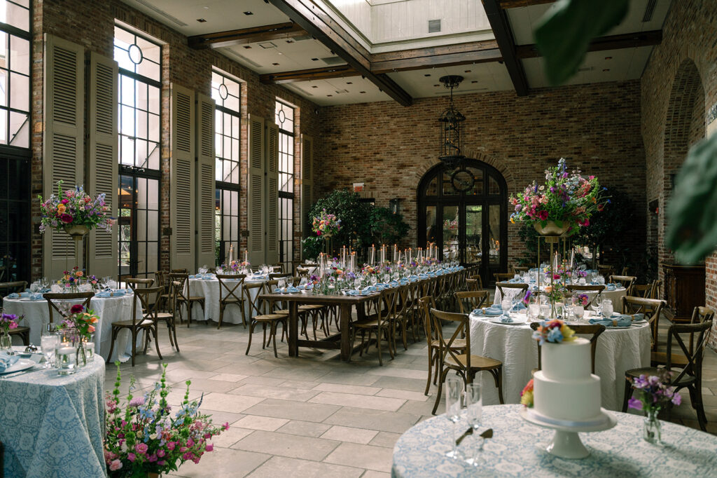 Reception table setting inside The Apiary Lexington KY wedding.