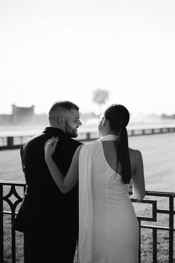 Relaxed portrait of a couple leaning in for a quiet moment at the Keeneland wedding venue