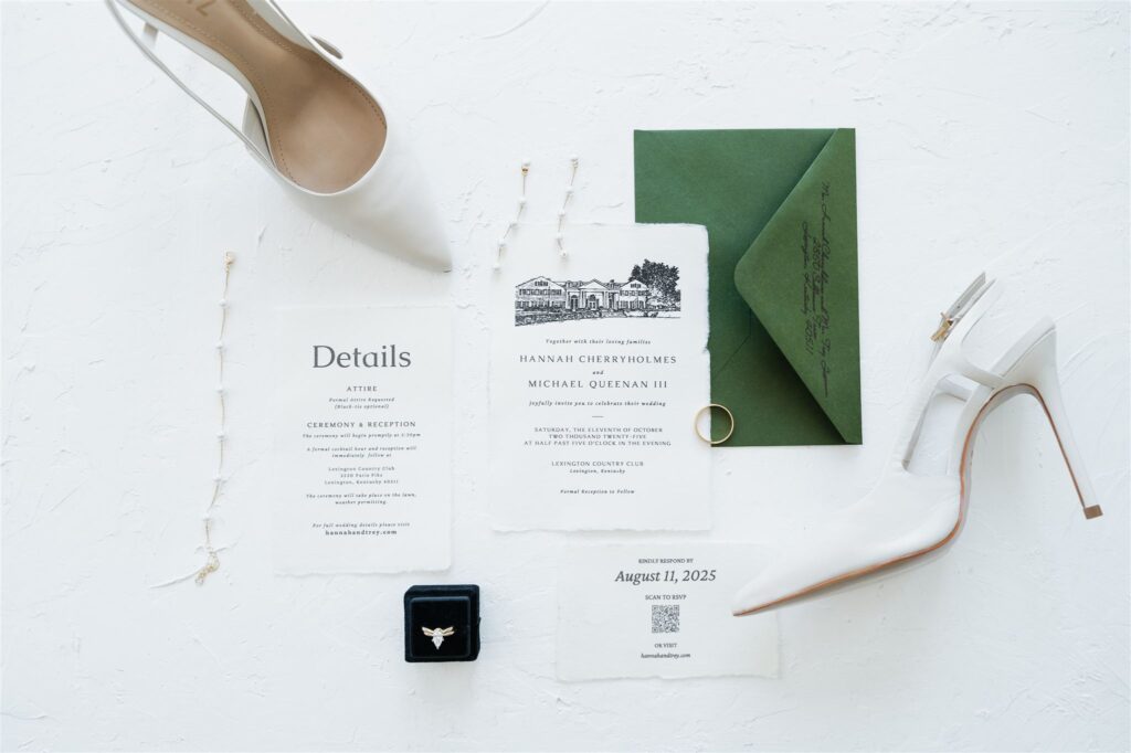 Bridal details including invitation, shoes, rings and fan at a Lexington Country Club wedding